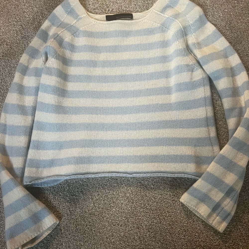360 Cashmere Light Blue and White Striped Sweater